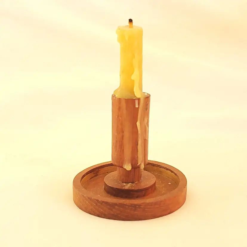 Denmark Teak Wood Candle Holder Retro with Candle & Drips 4" Tall Vintage