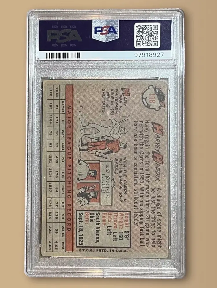 Vintage 1958 Topps Harvey Haddix PSA DNA Grade 9 Signed Autograph Baseball Card