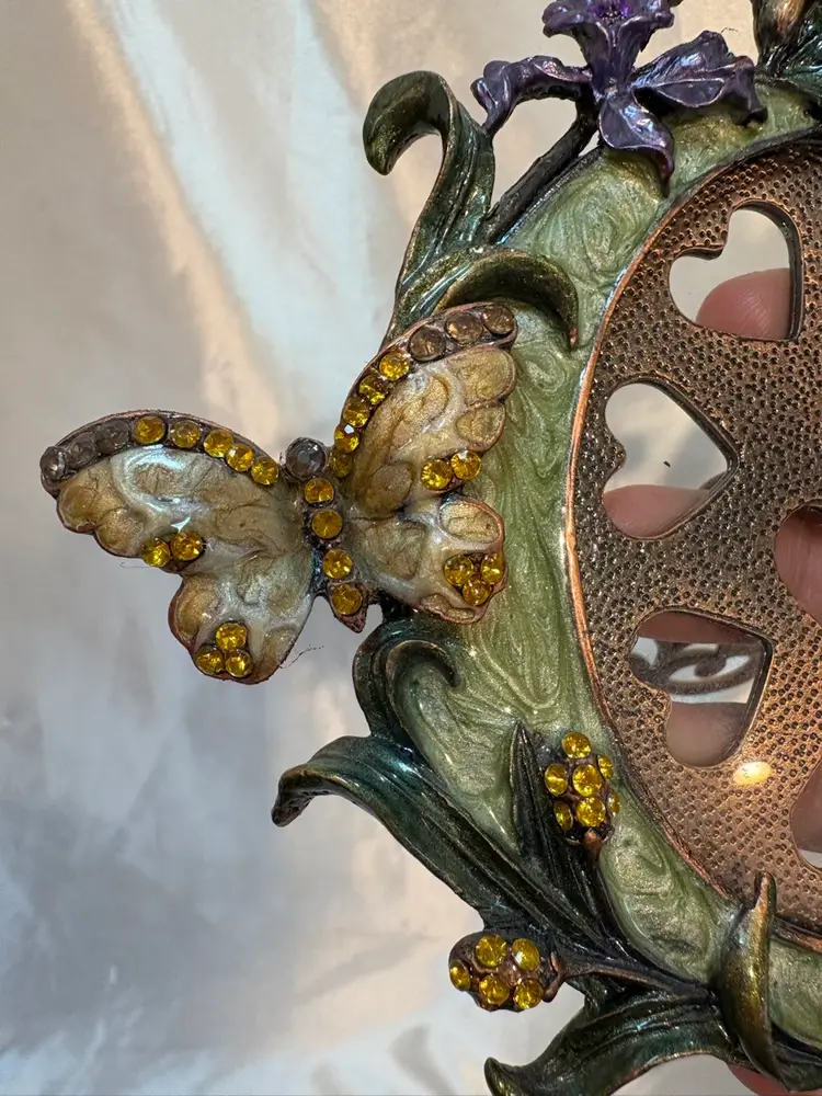 Beautiful Enamel and Rhinestone Easel back picture frame Floral Butterfly