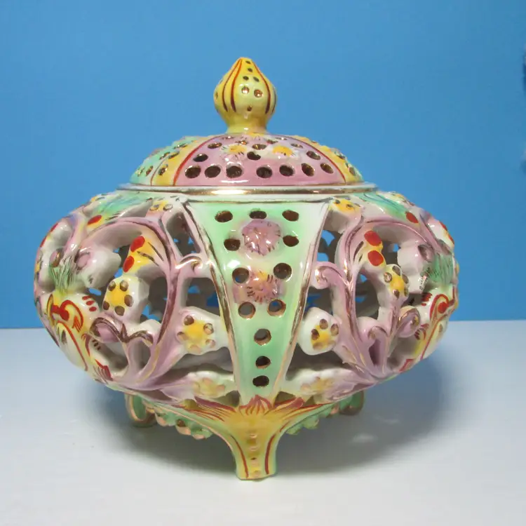 vintage colorful footed candy dish with lid Murmac Italy cutouts Madri Gras decor