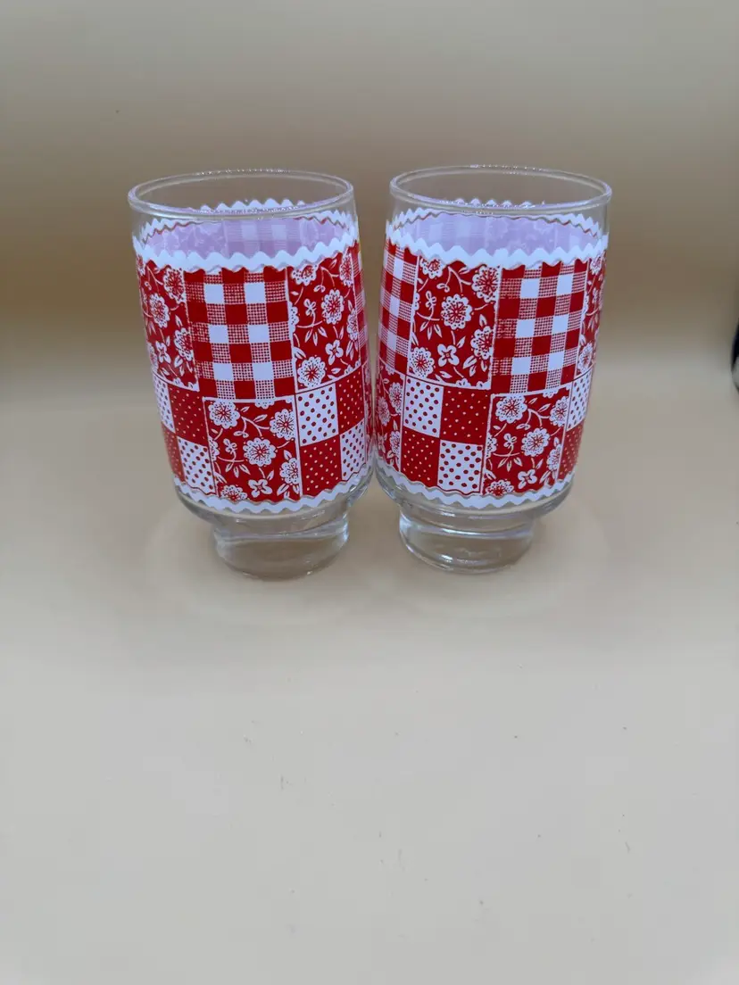 Libbey Red Gingham & Rick-Rqck Patchwork Drinking Glasses Vintage MCM - Marked L On Bottom Set Of 2