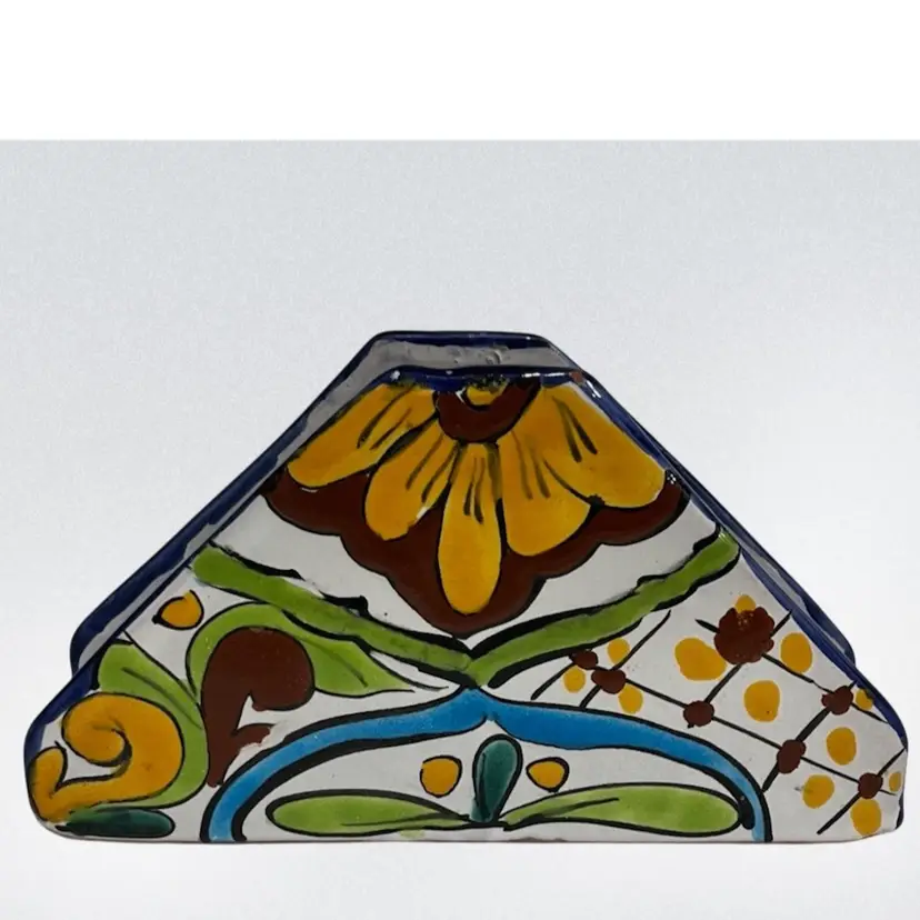 Hand-Painted Talavera-Style Pottery Napkin Holder – Terra Cotta Base, Bright Mexican Folk Art- 7.5”Wide 2” Deep, 4” Tall