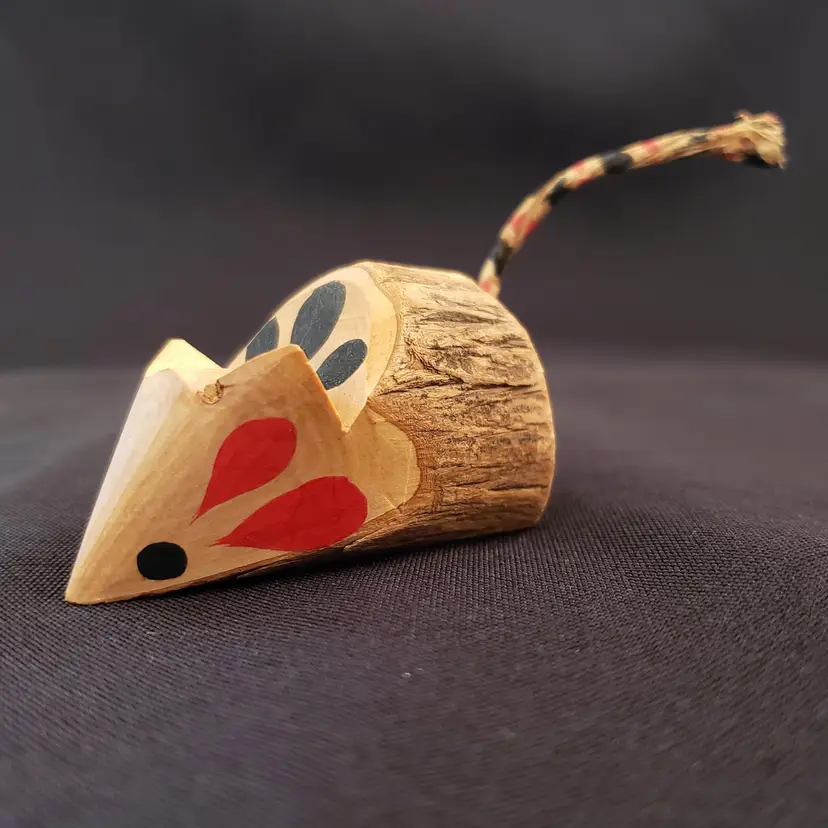 Folk Art Mouse Wood Bark Figurine with Tail Made in Japan Mid-Century Signed 1⅞" Long