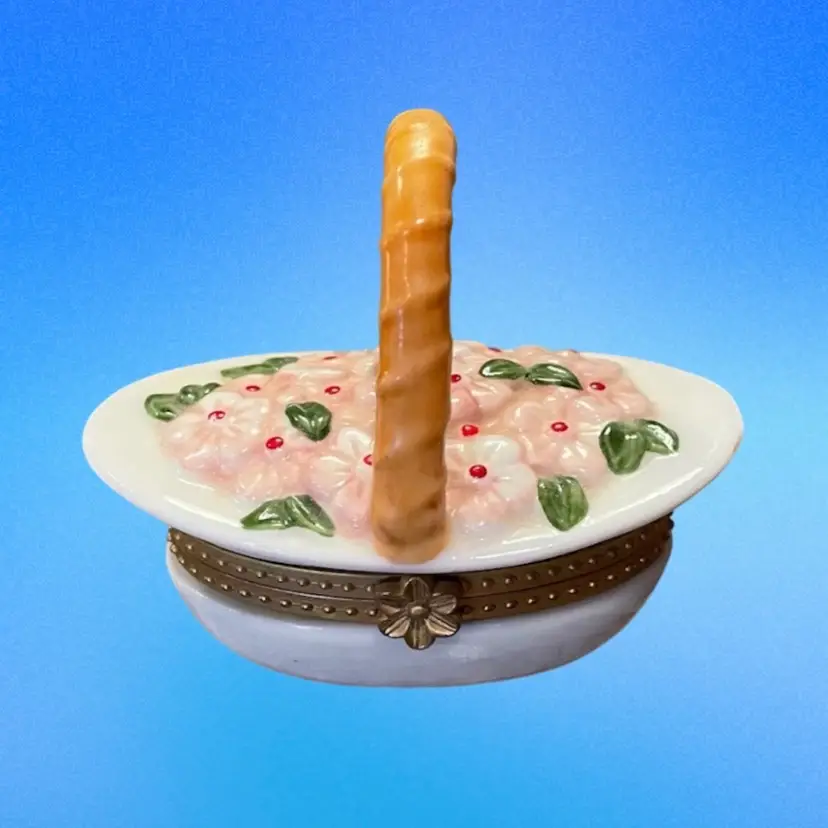 Basket with Pink Flowers Trinket Box Miniature Vintage Porcelain