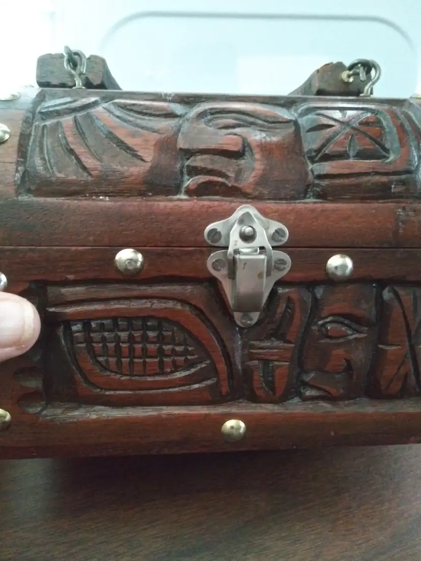 Vintage HONDURAS Wood Bag / Box with Mayan Carvings Signed C.A.