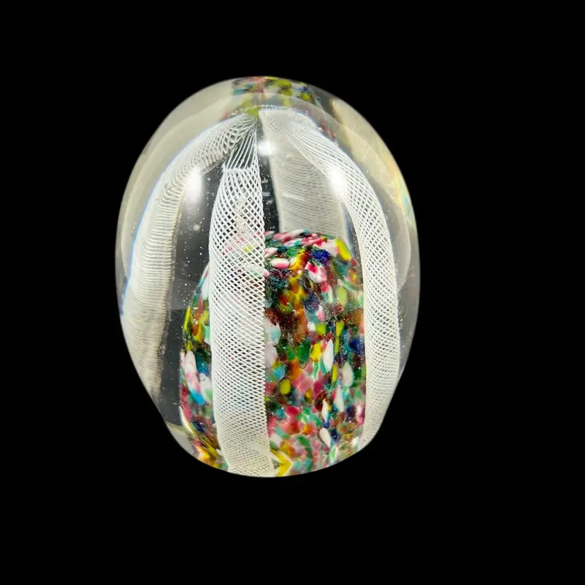 White Garza Canes With Multi-Color Confetti Core Glass Paperweight, Lattice And Confetti Blown Glass Paperweight
