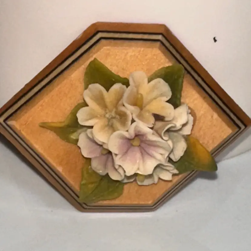 Vintage Wooden and Ceramic Floral Brooch