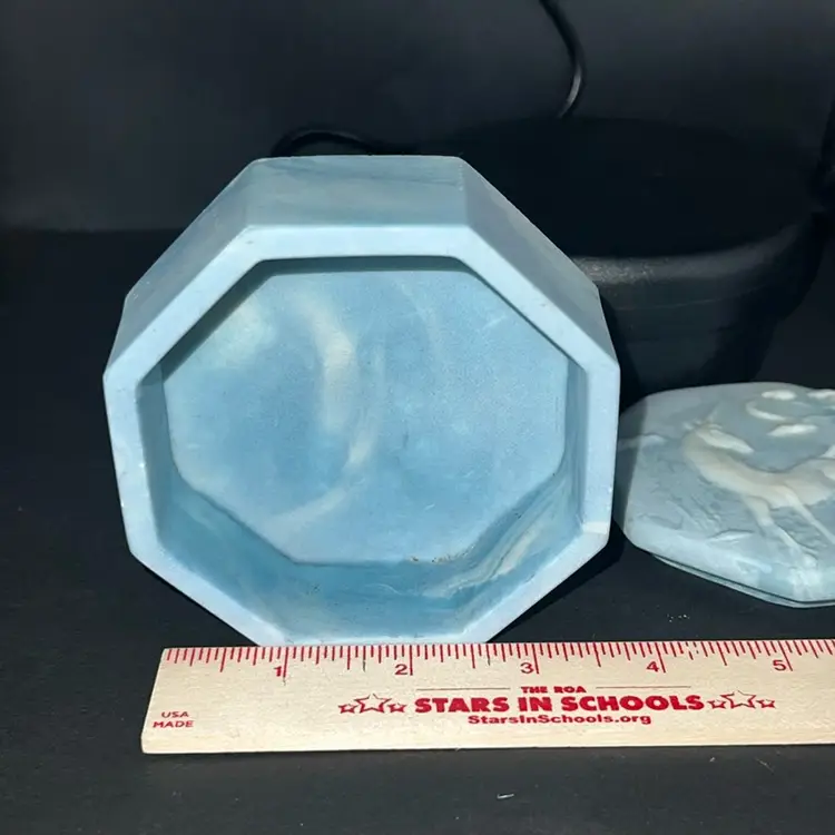 This is a vintage Incolay Stone trinket box With A Unicorn On It. Artist Signed.