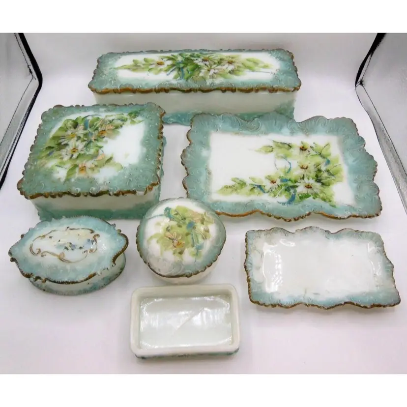 RARE EAPG Milk Glass, Victorian Era, Hand Painted,  11 piece Dresser / Vanity Set