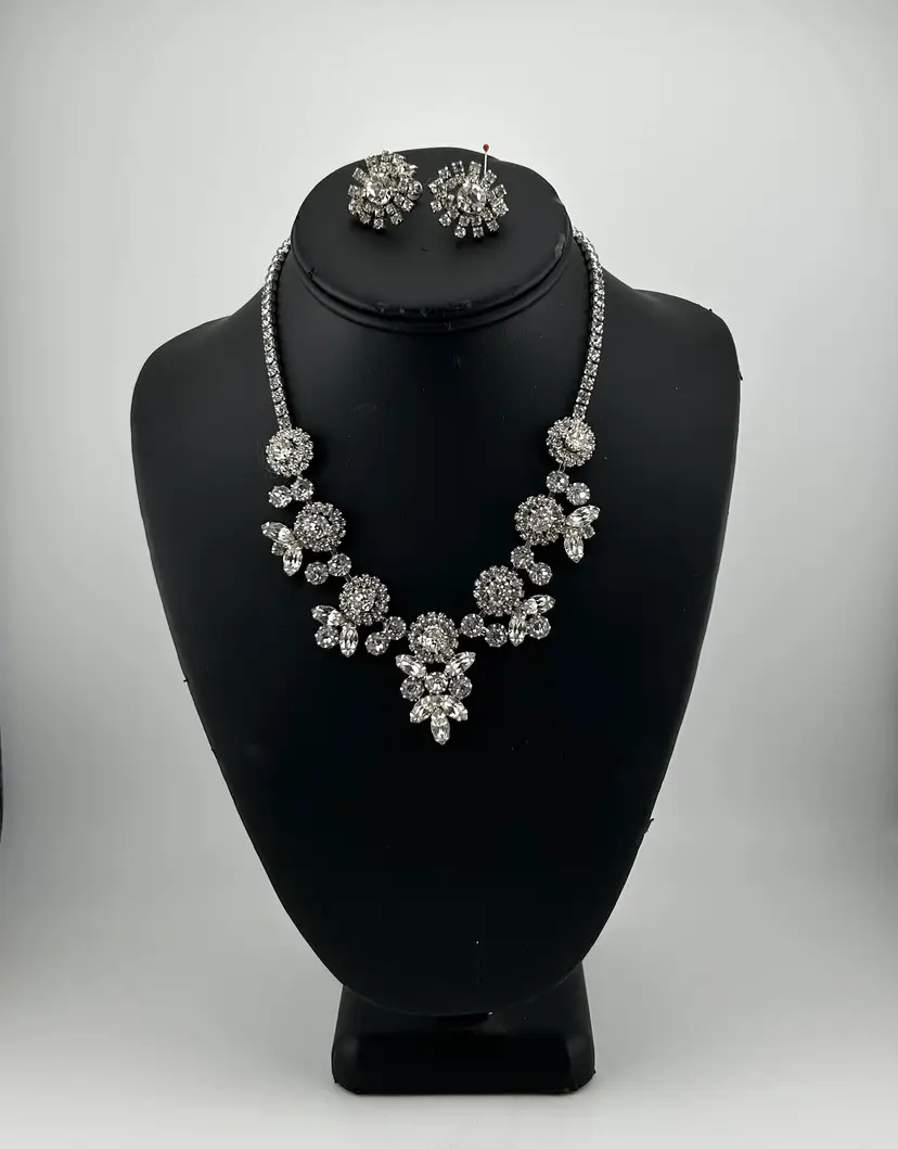 Vintage Rhinestone Necklace and Screw Back Earring Set