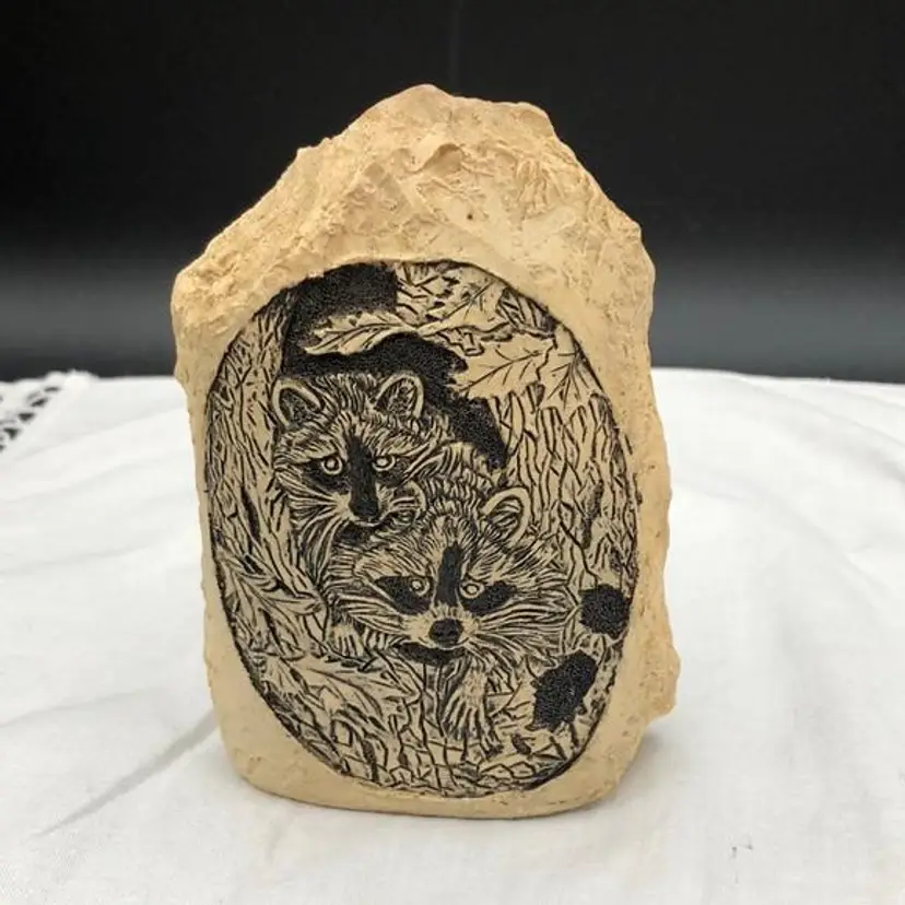 CARVING, FIGURINE, pair of Adorable RACCOONS on a resin slab,