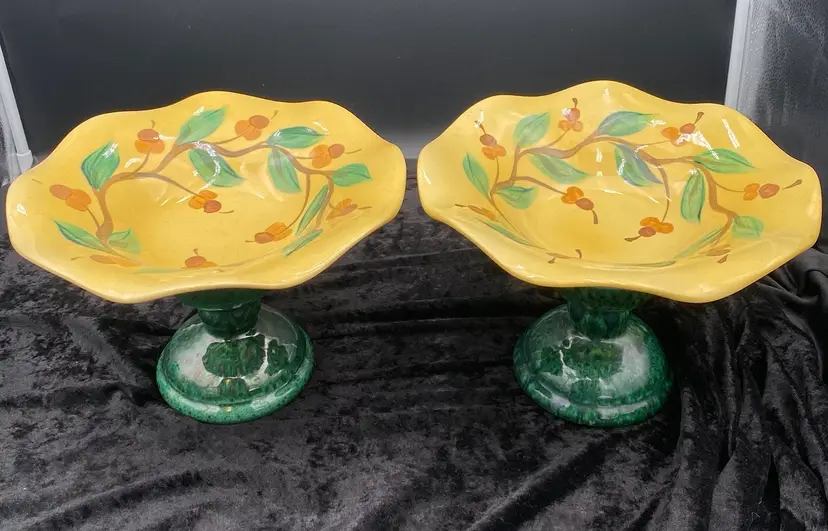 Vintage Gail Pittman "Cherries" 2 Scalloped Bowls & Pedestals/Candle Holders, Signed