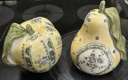 Toile French Style Ceramic Pear and Apple In Butter & Green Floral Filigree