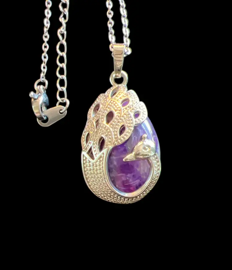 Amethyst Purple Peacock Necklace & Amethyst Chip Crystal Earrings #of-c