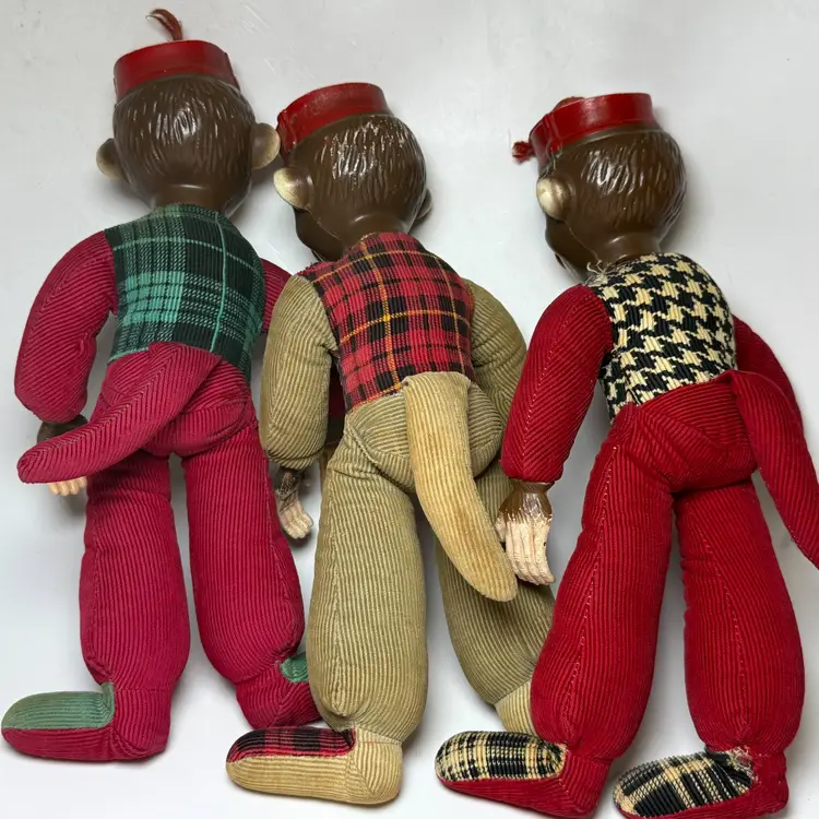 3 Vintage Bellhop Monkey Stuffed Carnival Dolls Plastic Heads Plaid Corduroy Red