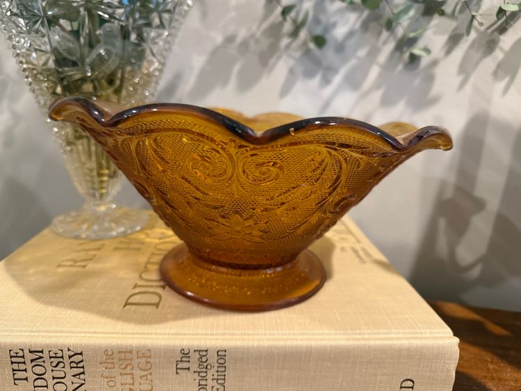 Amber Tiara Indiana Glass Footed 10" Ruffled Console Bowl
