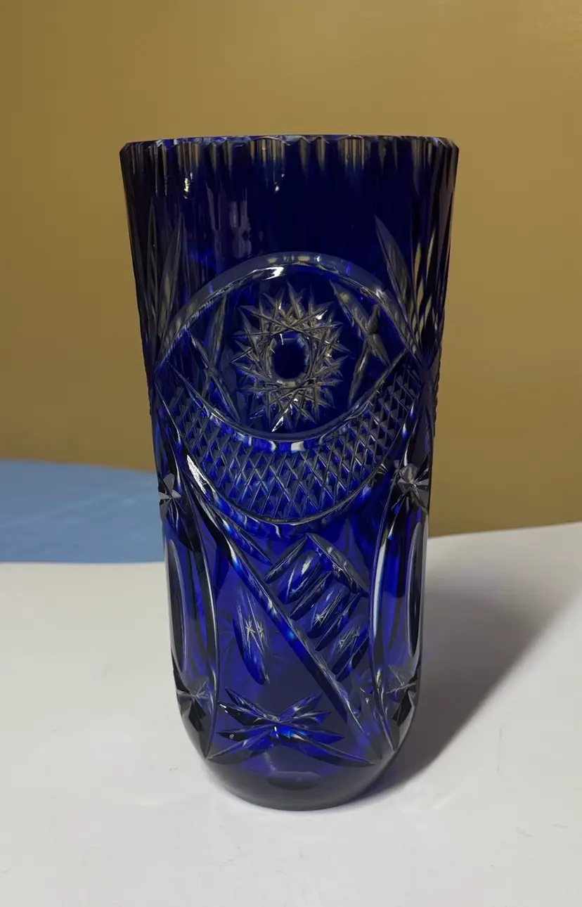 BOHEMIAN COBALT CUT TO CLEAR GLASS VASE 9.25" tall