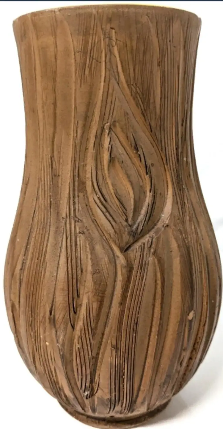 RARE Signed Italy Ceramic Vase with Carved Tree Bark-Like Detailing to Exterior and Bright Yellow Interior