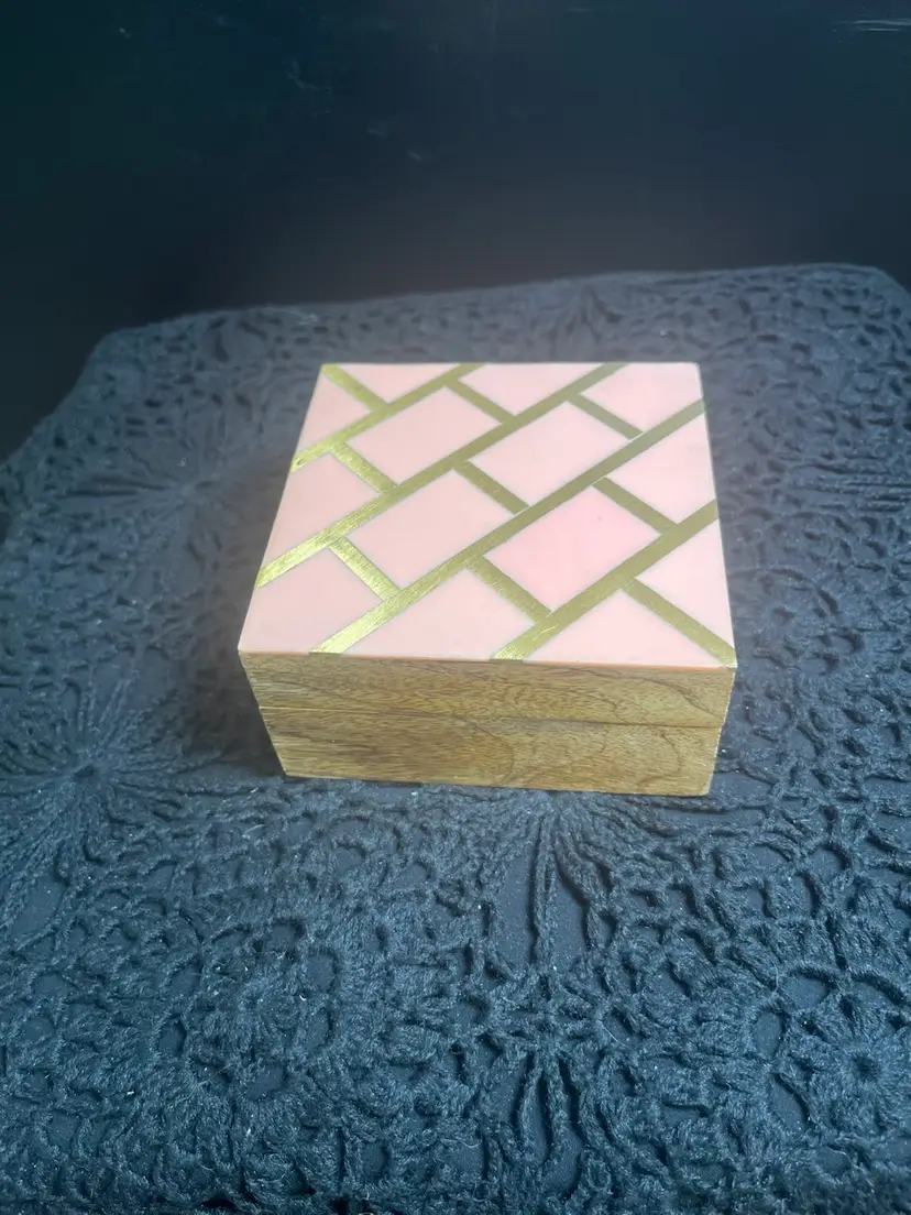 Pier One Trinket Box. Top of Lid is a Beautiful Coral Pink & Gold Geometric Pattern.