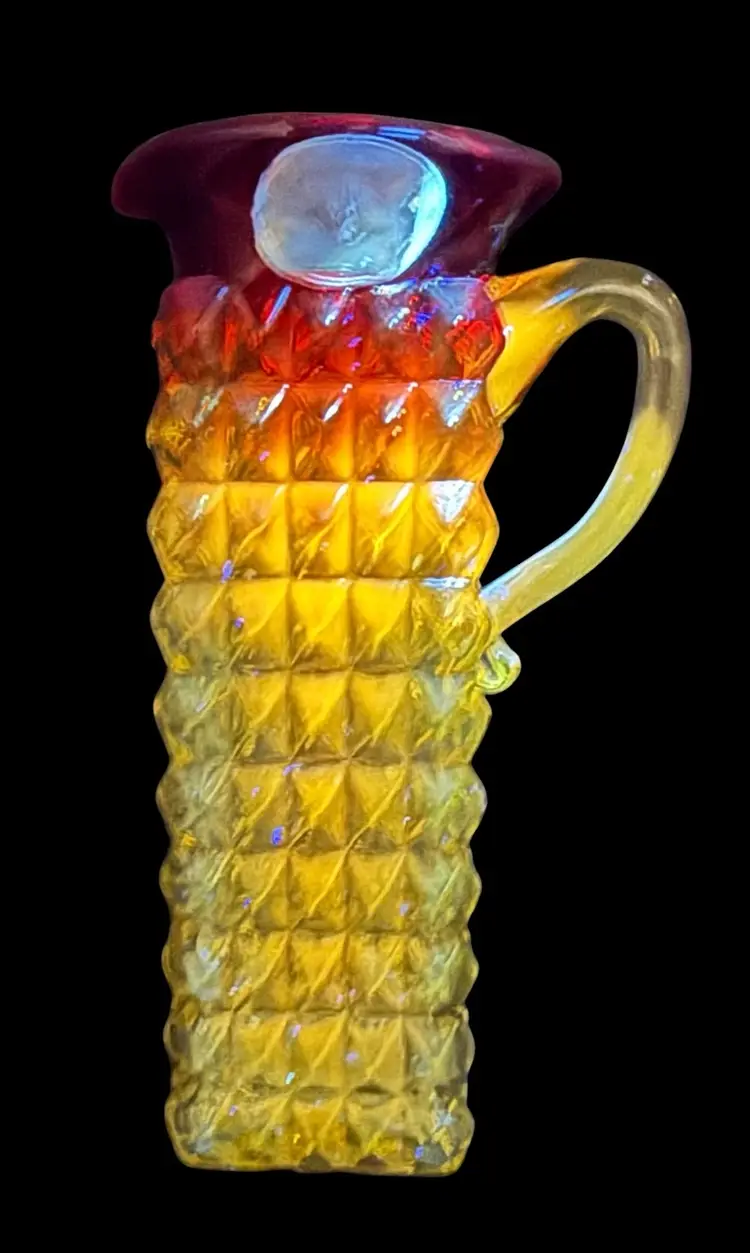 Vintage Kanawha Glass Pitcher Cadmium Amberina Diamond Quilted Red Yellow 6”