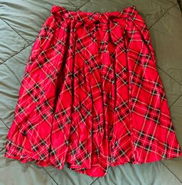 Womens Sz 26 28 Tartan Plaid Pleats Flowing Maxi Skirt Pockets Elastic Waist Red