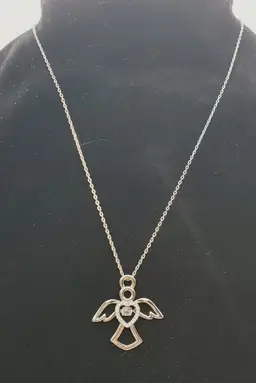 Silvertone Necklace w Angel Pendnt 'Floating' Simulated Diamond Adjustable Chain