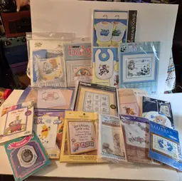 Lot 16 Baby Theme Crafts - Cross Stitch-Bibs, Quilt, Pillow, Pillow Case, Birth Records+more