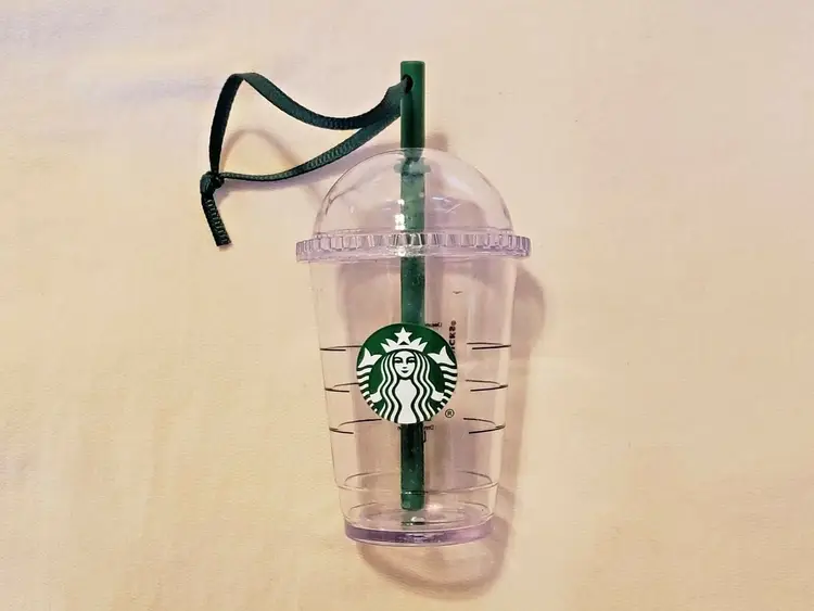 Starbucks Plastic Ice Coffee Christmas Ornament with Green Straw 3 3/4" tall 