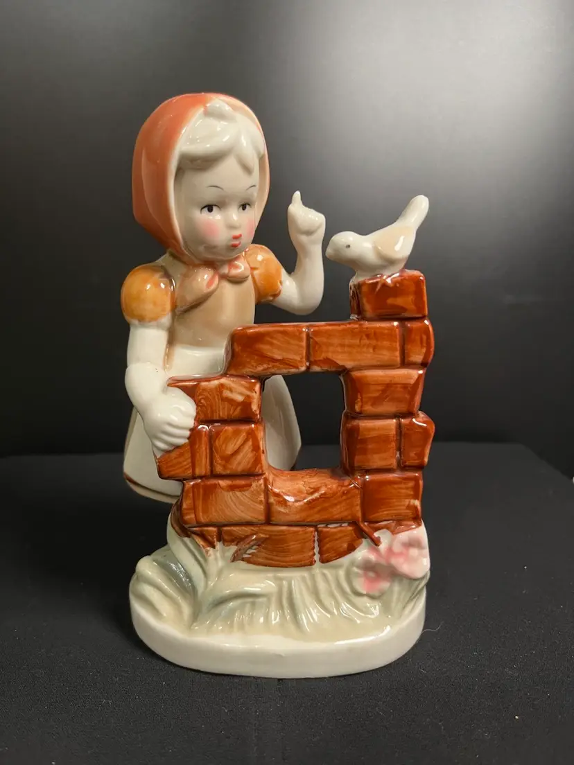 Lefton Little Girl Standing by a Fence w/ a Bird on it Figurine-Lot 56