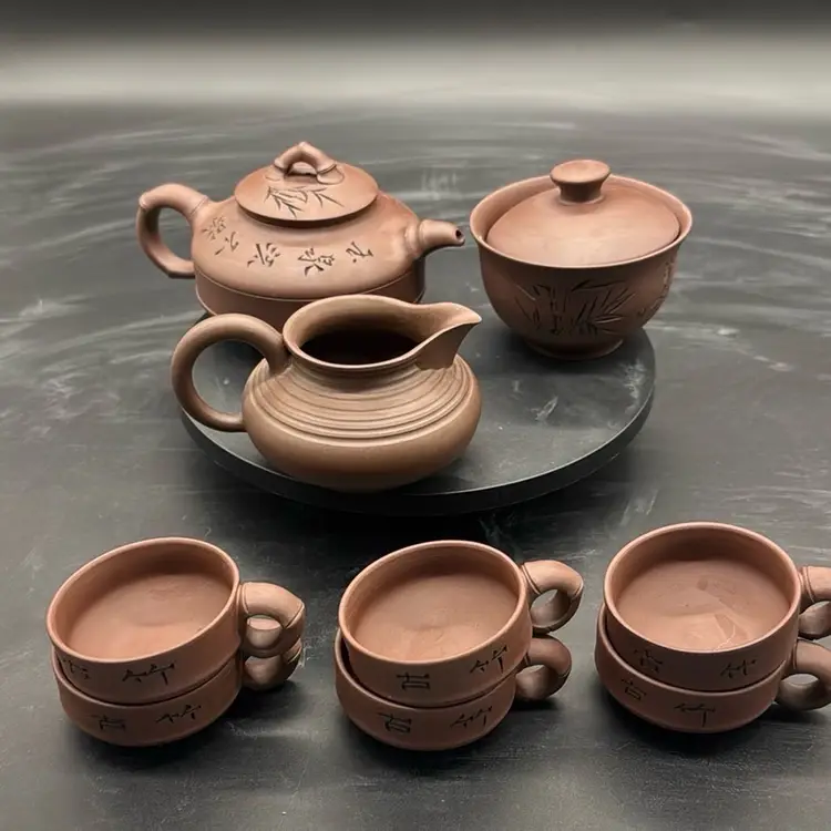 Vintage Chinese Brown Ceramic/Clay Tea - Coffee Serving Set With 6 Cups