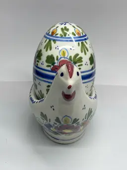 Hand Painted Ceramic Chicken Egg Cup w/ Egg, Made in Holland, 3" Tall