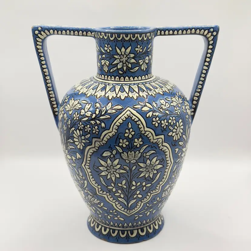 Vintage 1847-1895 Thoune Pottery Switzerland Blue Floral Ceramic Vase with Dual Handles, Intricate White Detailing, Artist Signed Johann Wanzenried, By Thoune Pottery, Made in Thun, Switzerland