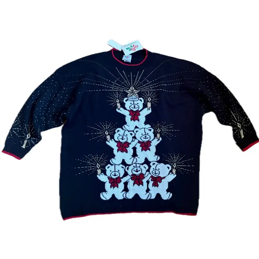 Vintage Black Nutcracker Teddy Bear Pyramid Christmas Sweater Plus Size 26W NOS