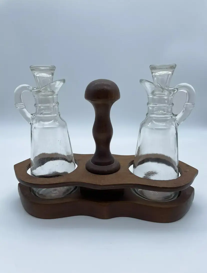 Vintage Oil And Vinegar Glass Bottles Set With Wooden Tray