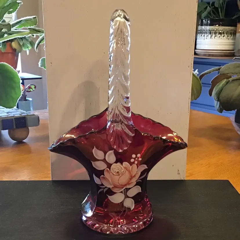 Westmoreland Hand Painted Flower Signed 1978 Ruby Maroon Glass Basket