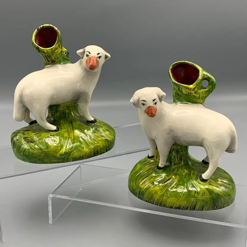 Vintage Staffordshire Pair of Sheep Mantle Spill Vases - Right and Left Facing - Kent - Made in England - English Country Side Charm