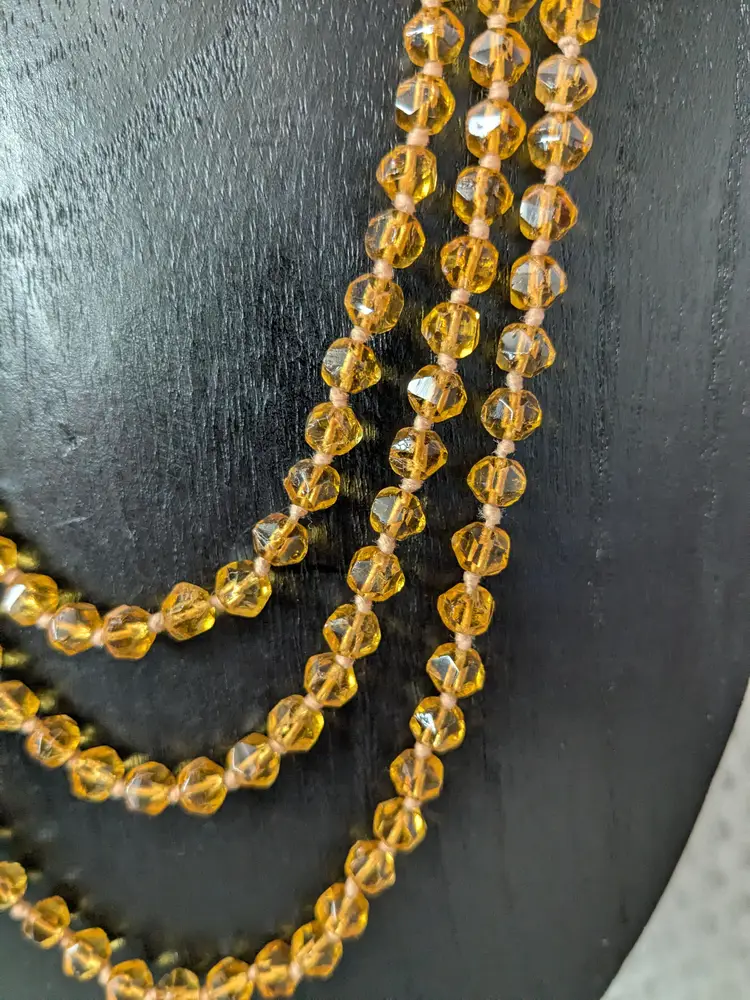 Vintage Amber Glass Bead Necklace 27" 1950 Era Faceted Glass Beads Hand Knotted