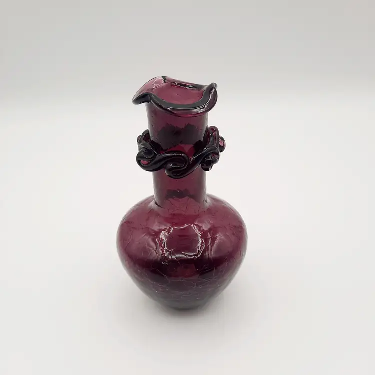 Handblown Deep Purple Amethyst Crackle Glass Small Bud Vase Ruffled Rim With Applied Ribbon Rigaree Detail