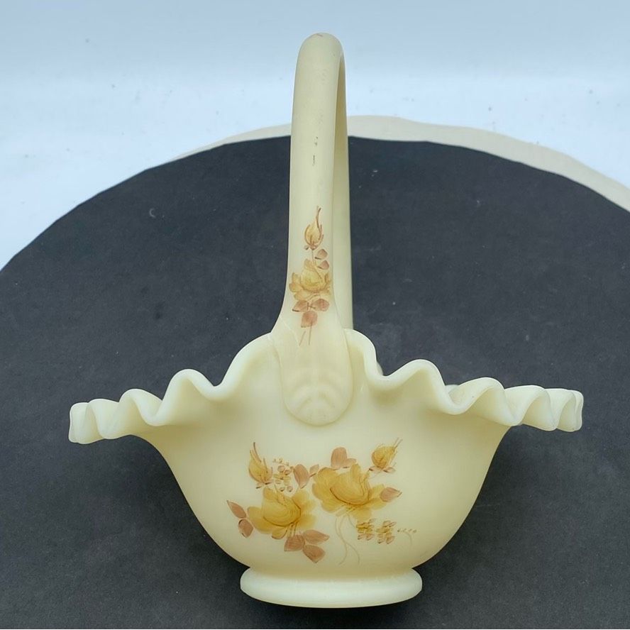 Niknax · #0502 Fenton Hand Painted Custard Glass Basket Signed