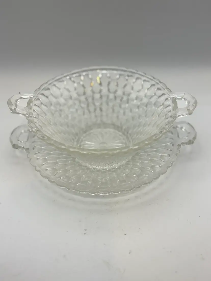 Vintage Mid Century Indiana Clear Glass Handled Bowl And Plate - Honeycomb Or Diamond Cut Pattern 8” X 5”