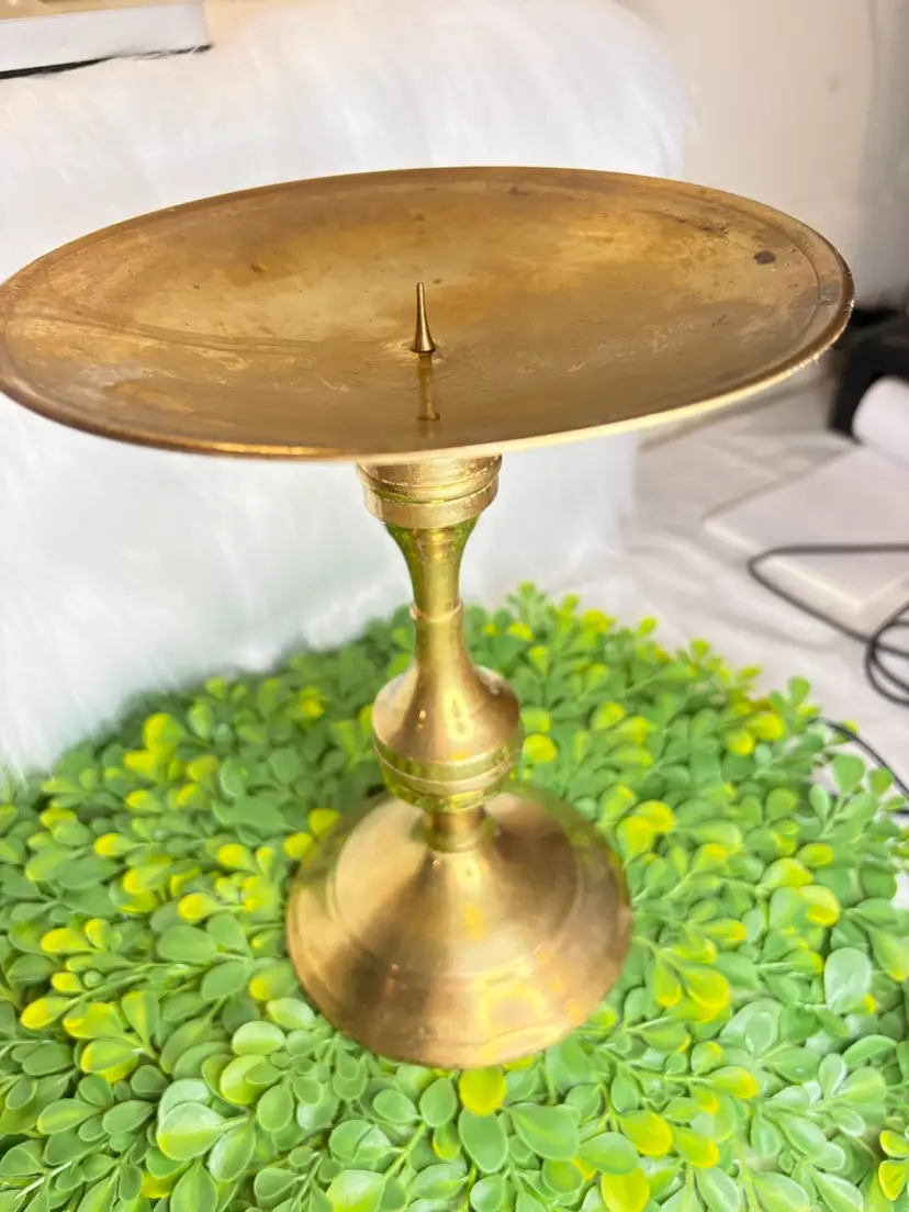 Vintage Brass Large Pillar Candle Holder 8” Tall X 6” Wide Top