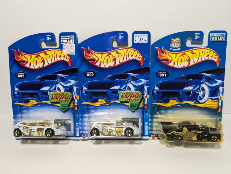 2002 Hot Wheels Masters of the Universe MOTU - 2x He-Man Twin Mill II, Ram Man '41 Willy Coupe