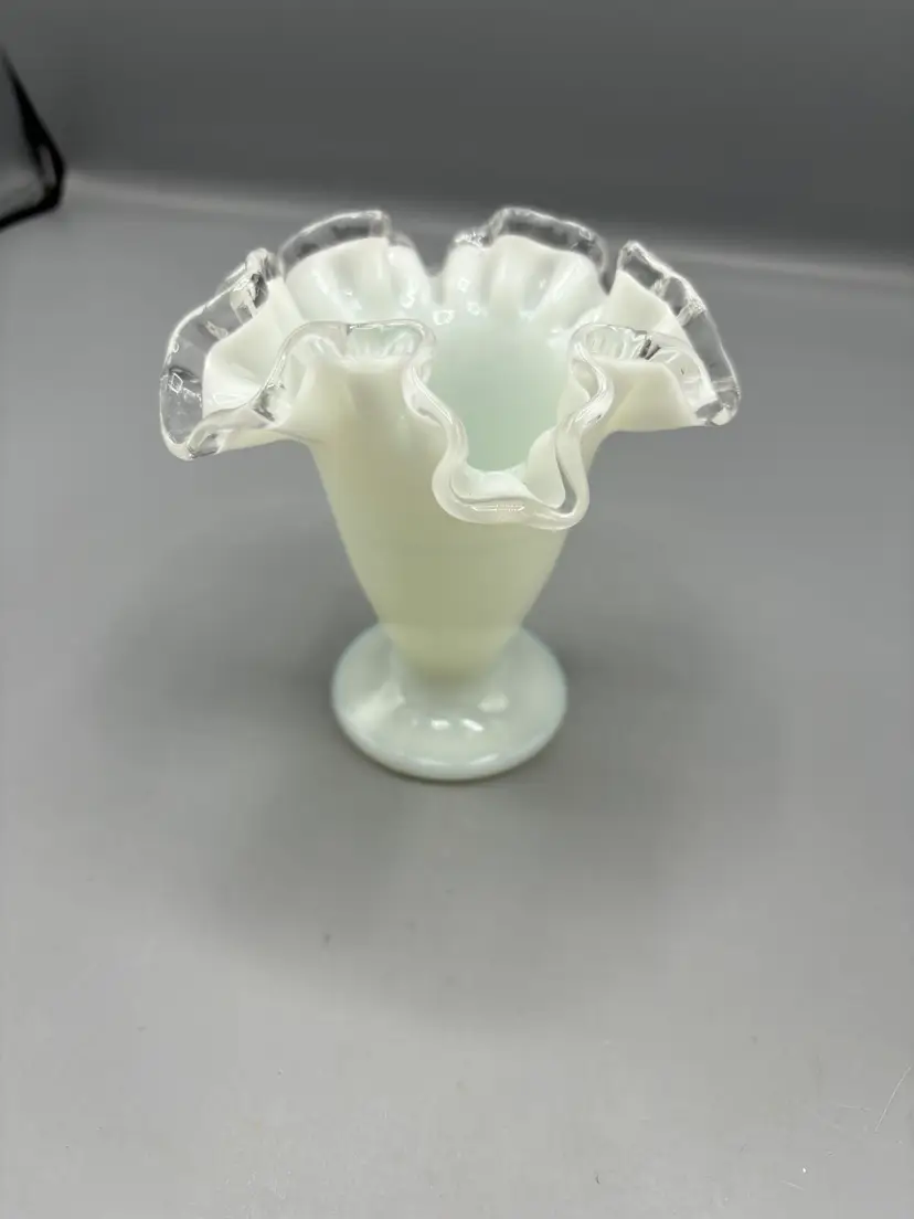 Fenton silvercrest opalescent vase with clear ruffled rim