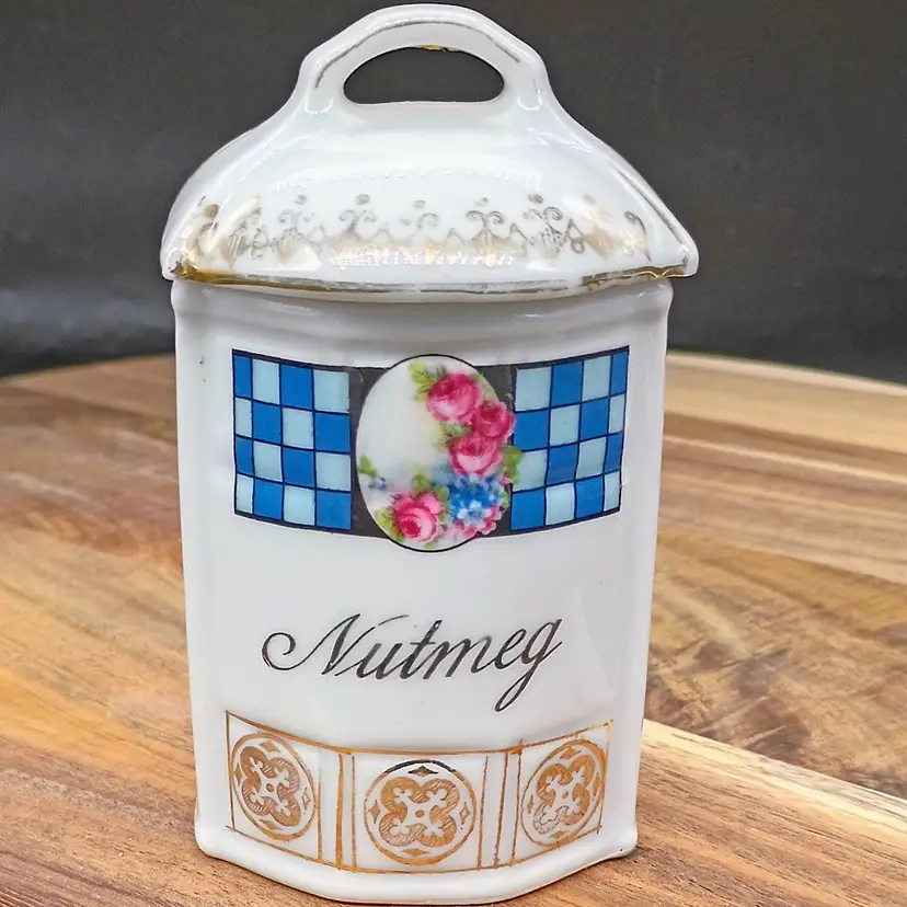 Vintage- Antique Victoria Czechoslovakian Porcelain Nutmeg Spice Jar with Lid.