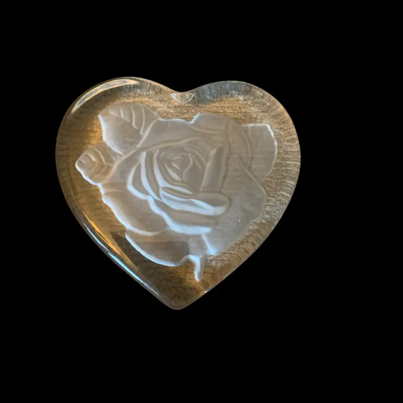Clear Glass Heart Paperweight W/Reversed Rose 4 X 3 3/4 X 3/4 Inches