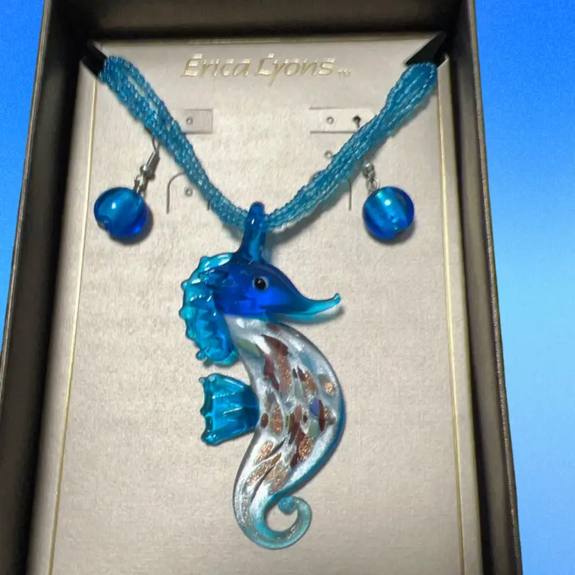 Summertime Sea Horse Art Glass Necklace And Earrings Set New In Box