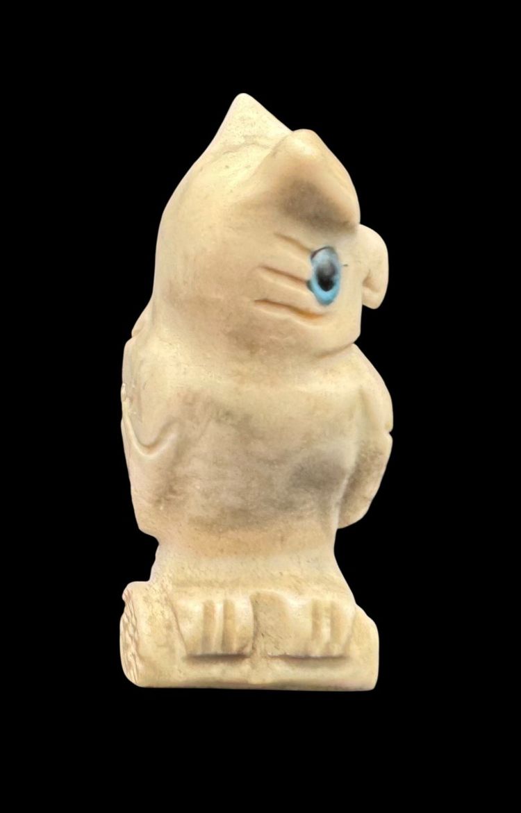 Hand Carved White Stone Miniature Owl Bird Figurine Blue Eyes 1.5”