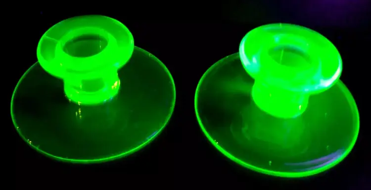 Vintage Pair Uranium Glass Green Candlestick Holders Black Light UV Reactive Glows