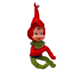 Adorable Vintage Knee Hugger Posable Mid-Century Christmas Elf Pixie Jingle Bell