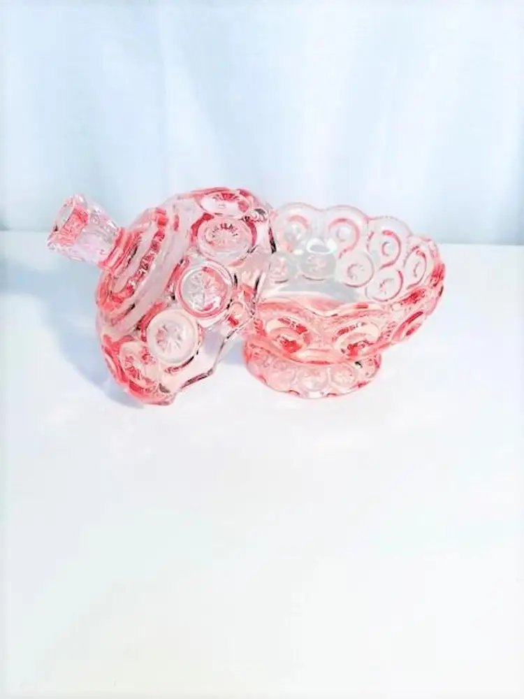 LE Smith Moon and Stars Pink Glass Lidded Compote Candy Dish 4 1/2" x 4 1/2" | Vintage MCM LE Smith Moon & Stars Dusty Rose Pink Vanity Dish